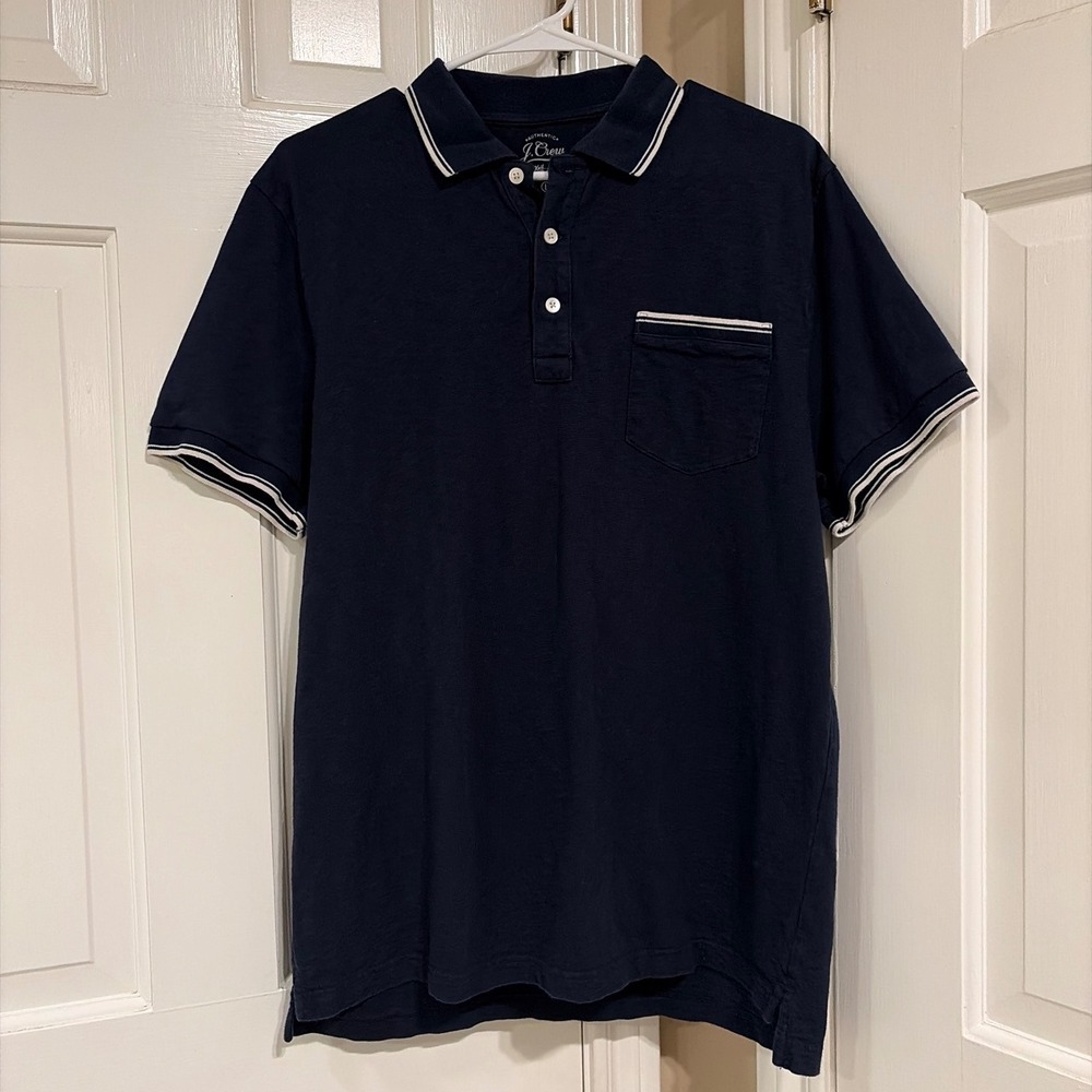 J.Crew Mens Navy Blue Tipped Cotton Polo Shirt Short Sleeve Pocket Large